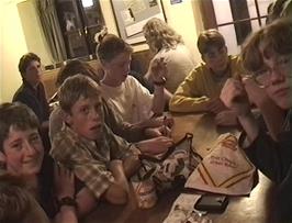 The group in the cosy hostel Common Room at Capel-y-Ffin youth hostel